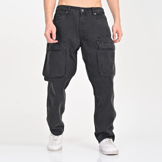 Black Faded Front Pocket Cargo Jeans