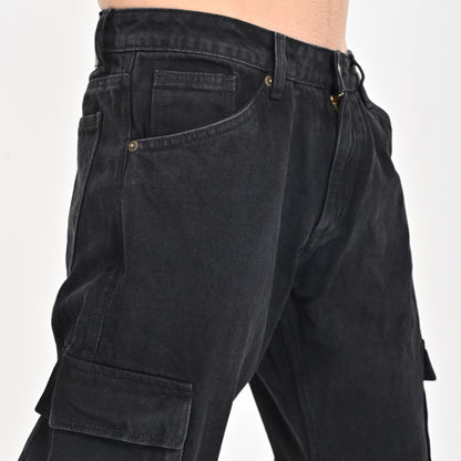 Black Faded Side Pocket Cargo Jeans