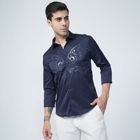 Blue - Tiger Printed Casual Shirt