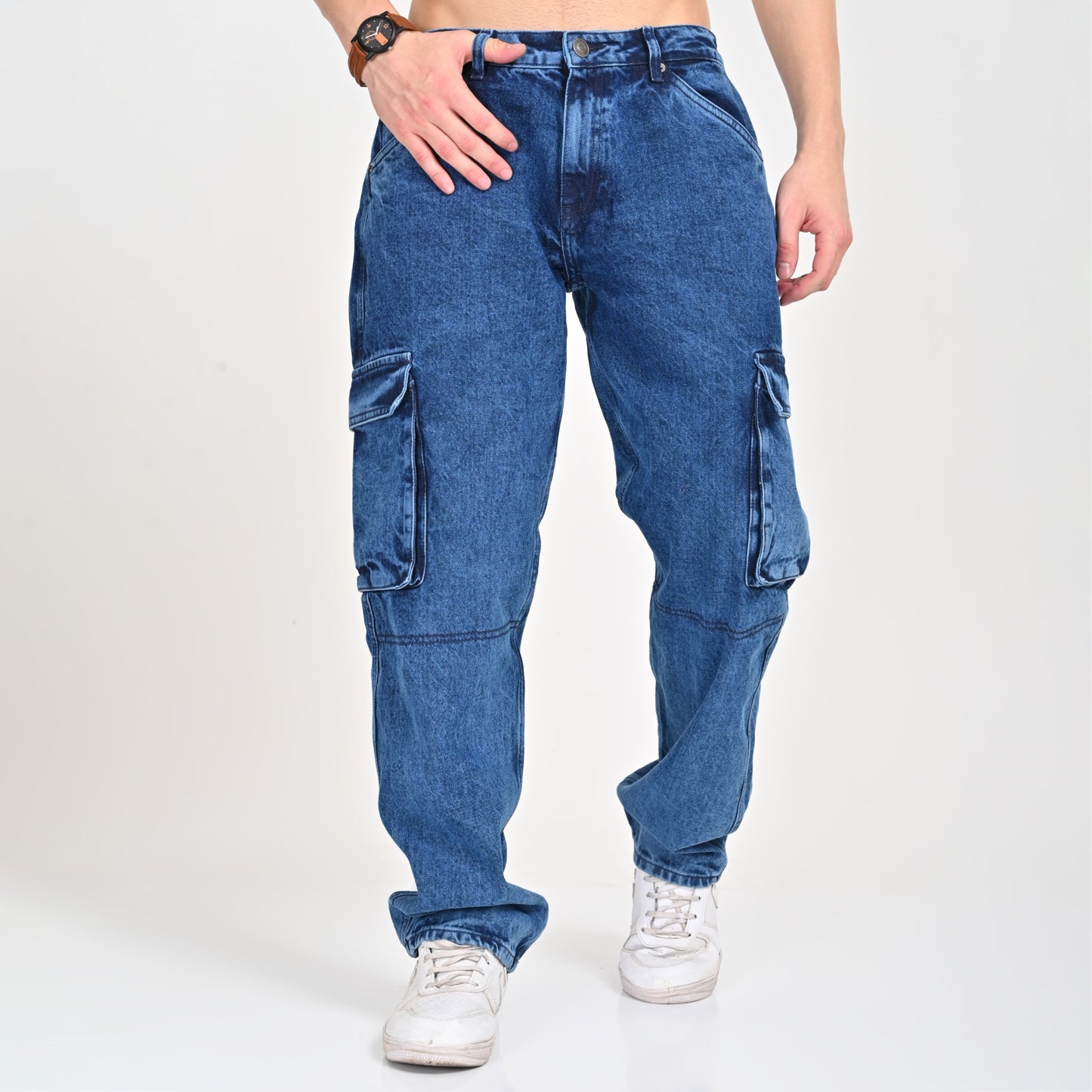 Blue Faded Side Pocket Baggy Cargo Jeans