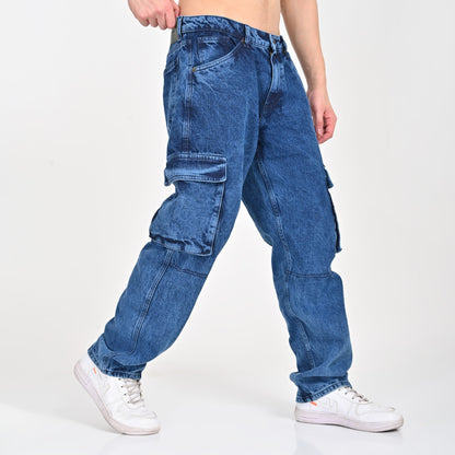 Blue Faded Side Pocket Baggy Cargo Jeans