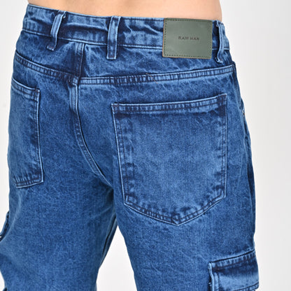 Blue Faded Side Pocket Baggy Cargo Jeans