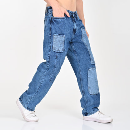 Blue Patched Baggy Jeans