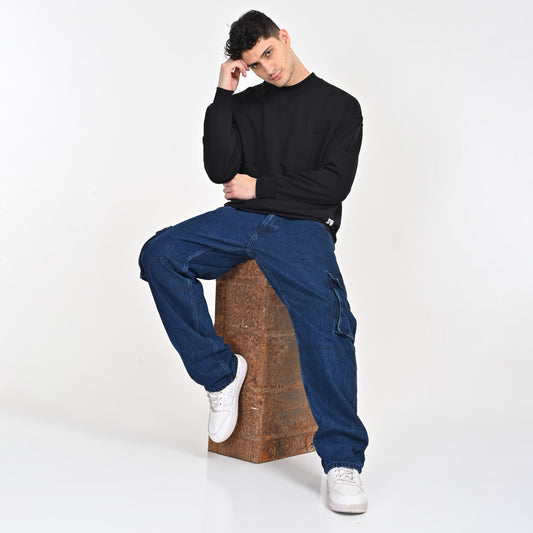 Dark Blue Side Pocket Baggy Cargo Jeans