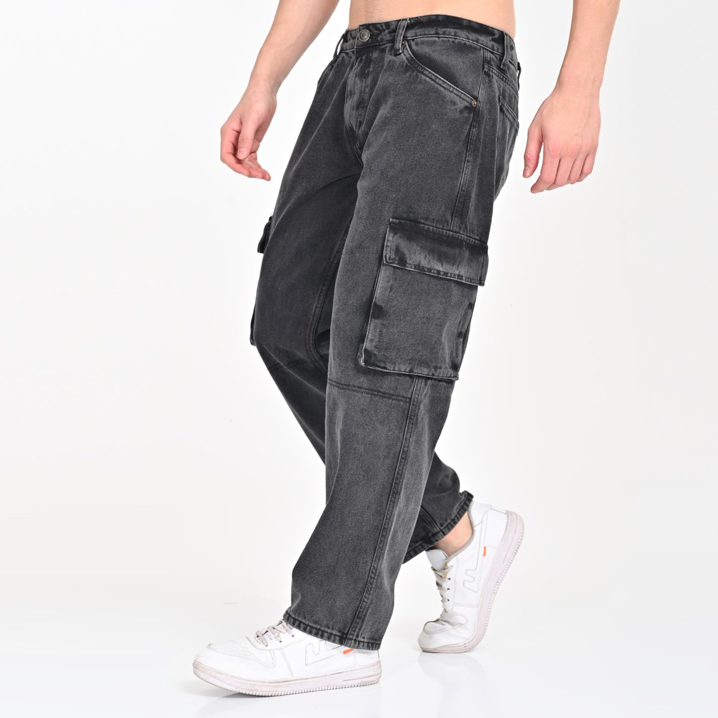 Grey Side Pocket Baggy Cargo Jeans