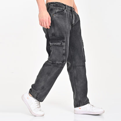 Grey Side Pocket Baggy Cargo Jeans