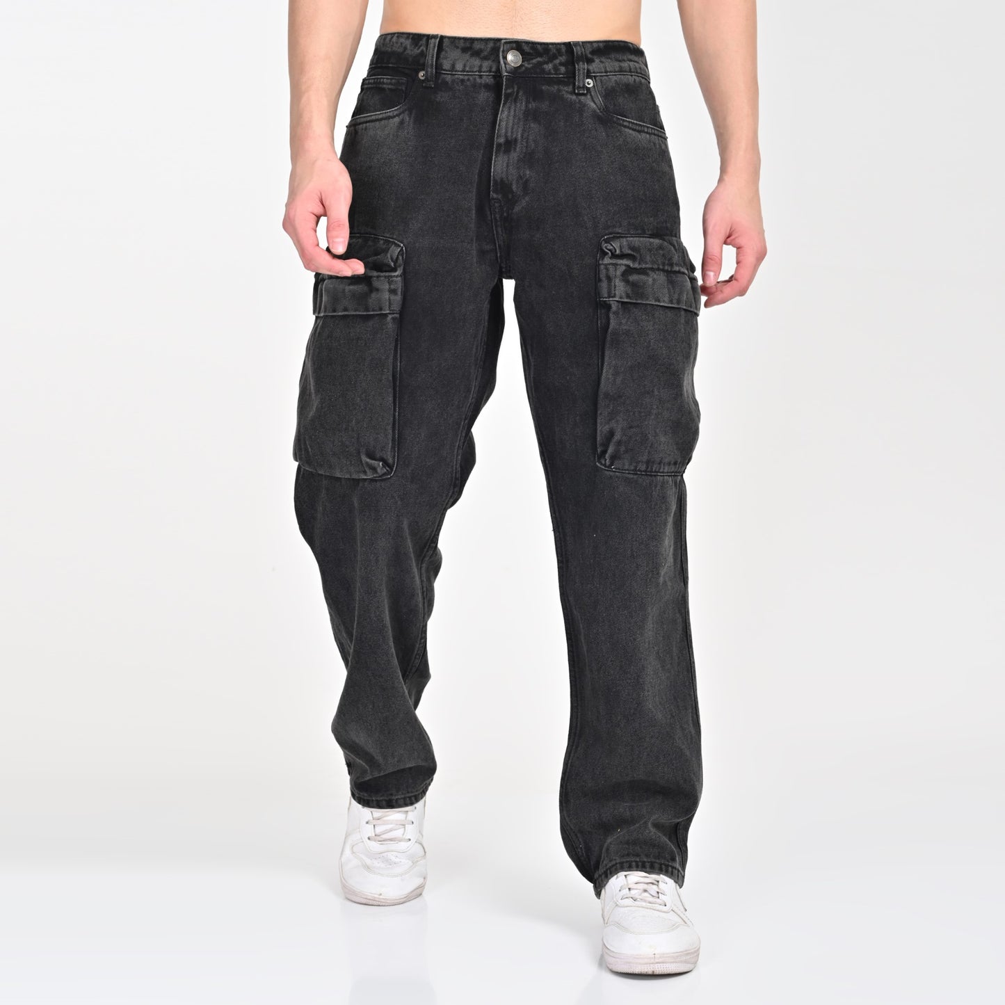 Grey Faded Front Pocket Cargo Jeans