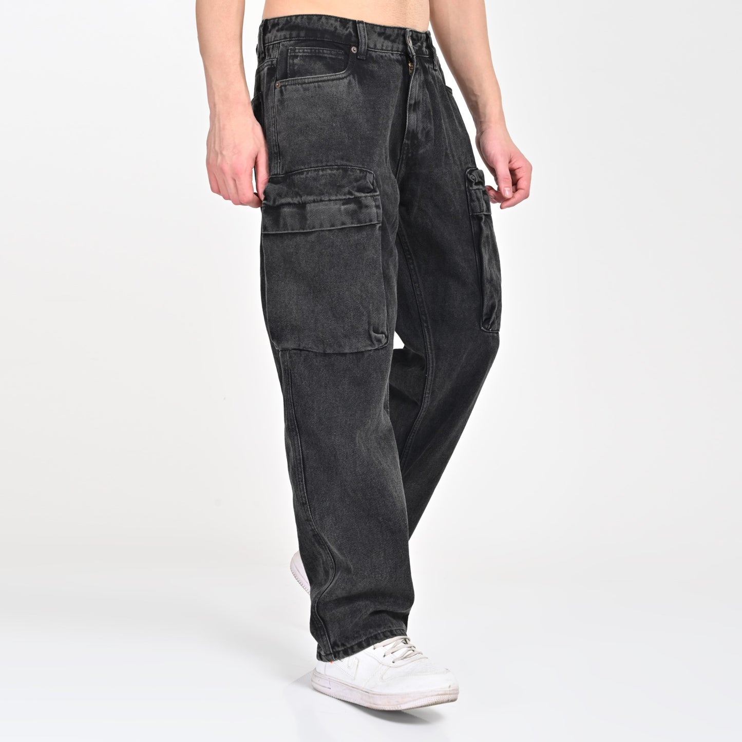 Grey Faded Front Pocket Cargo Jeans