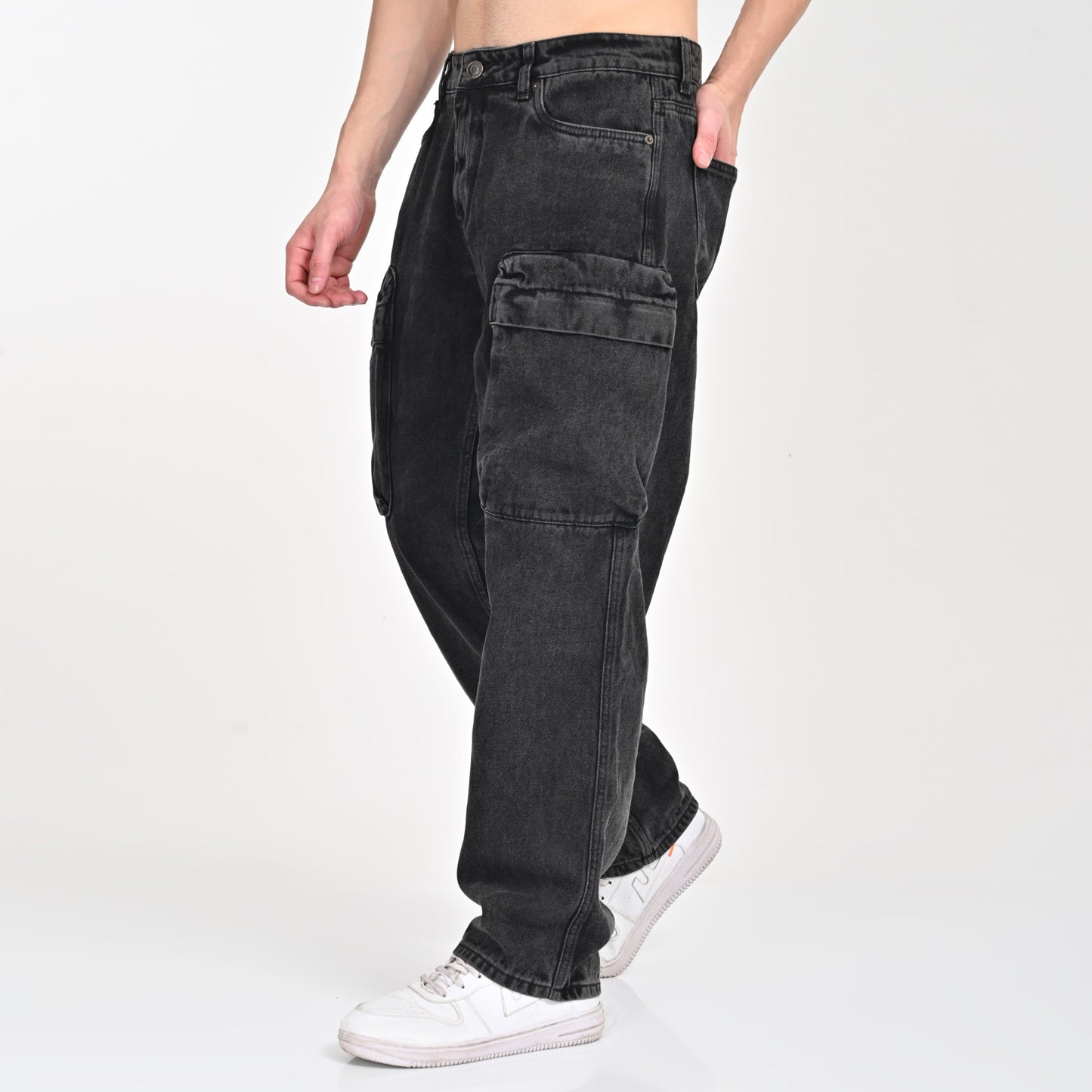 Grey Faded Front Pocket Cargo Jeans