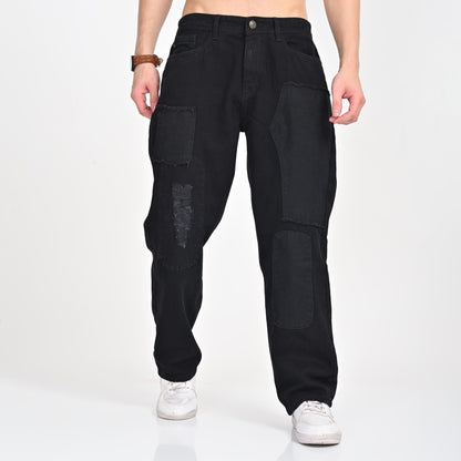 Jet Black Patched Baggy Jeans