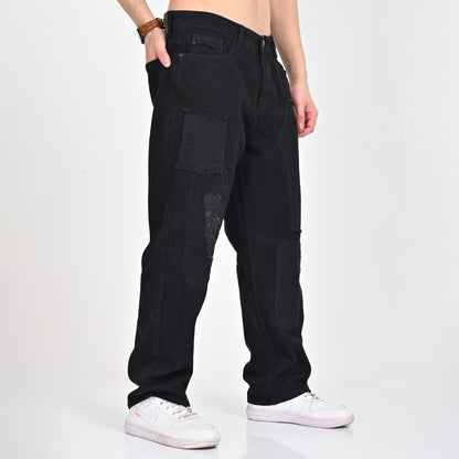 Jet Black Patched Baggy Jeans