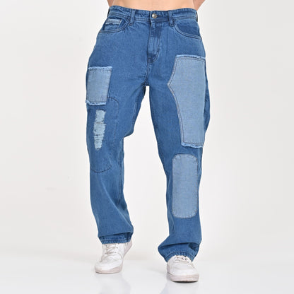 Light Blue Patched Baggy Jeans