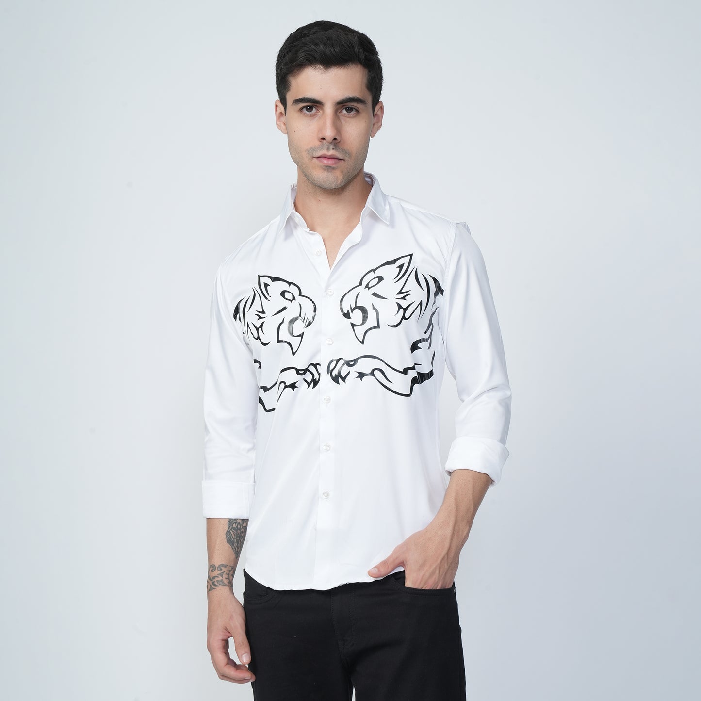 White - Tiger Printed Casual Shirt